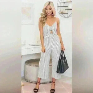 Japna Knot Front Cut-out Blue and White Jumpsuit Wide Leg Hand Made size Medium